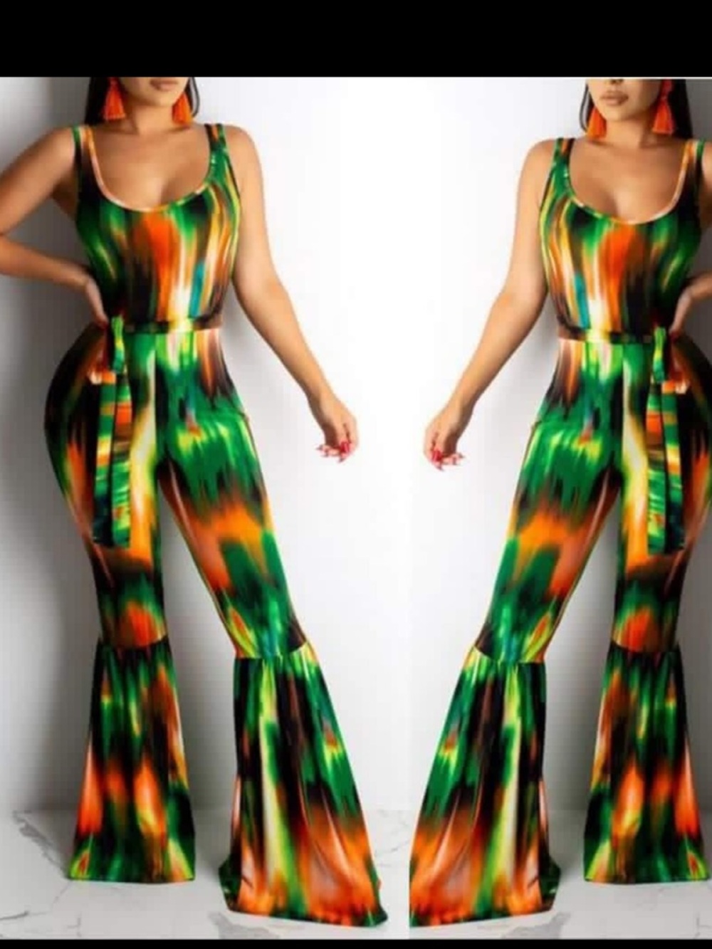 Cameo Orange Green Tie Dye Style Sleeveless Wide-Leg Flare Bell Bottom Jumpsuit